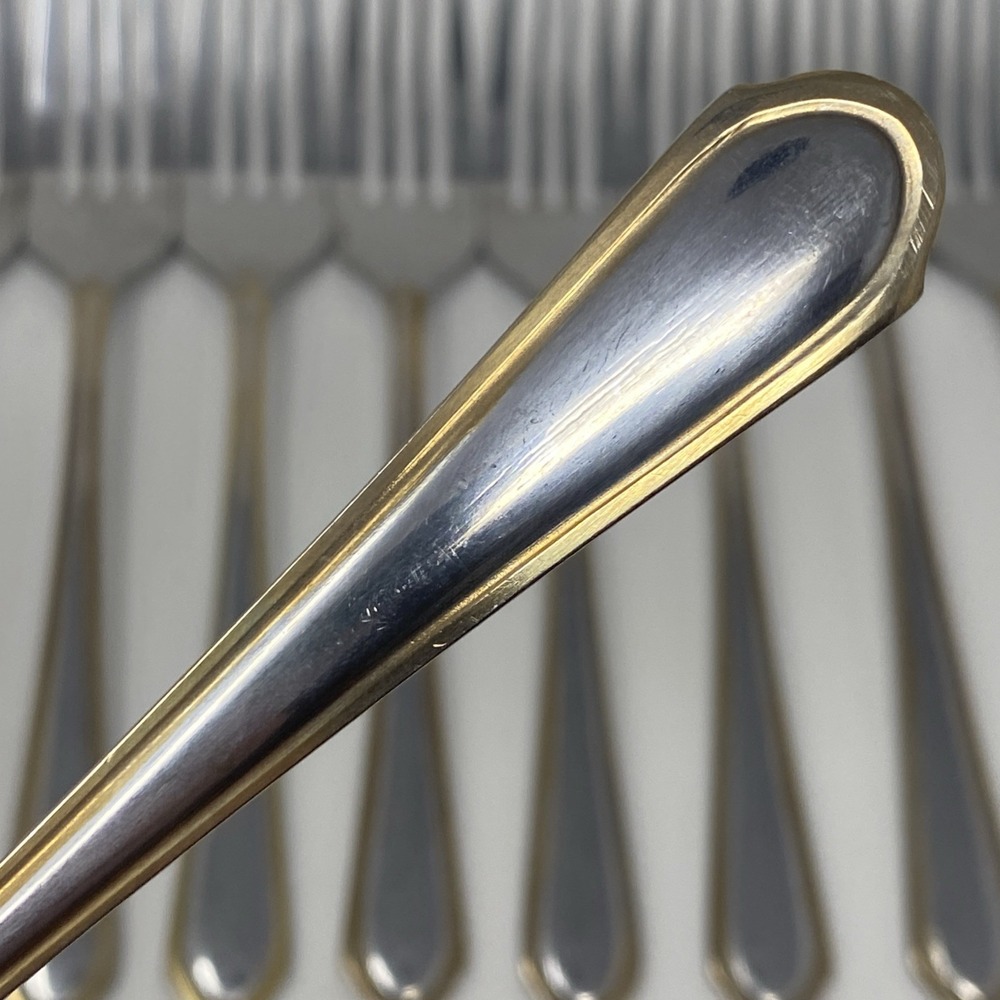 Lot of 11 Hampton Silversmiths HSV198 Stainless 4-Tine Dessert Fork 7" Gold Trim